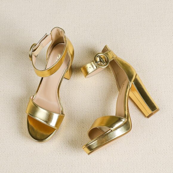 Amoji Women Pu-gold Faux Suede Open Toe High Heel Chunky Platform Sandals - Picture 5 of 7